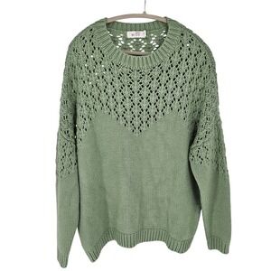 WISH Young Heart Jumper Sage Green Pointelle Knit Crew Neck Sweater XL